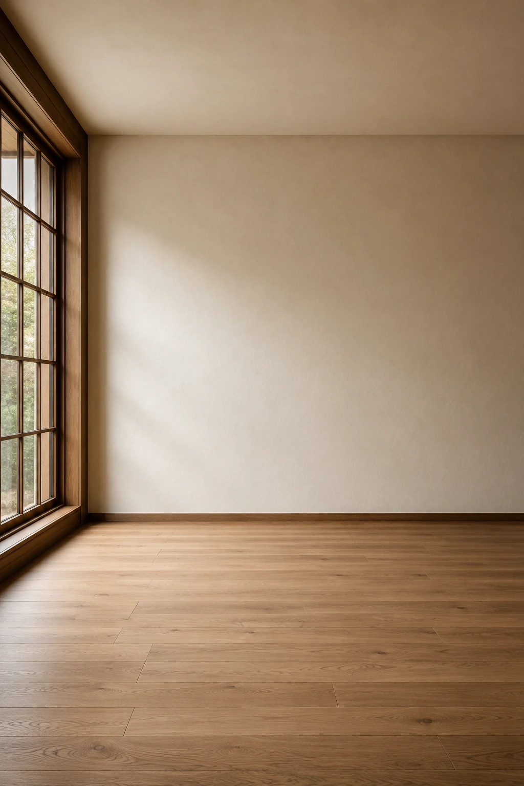 The original empty room with wood-framed windows, pale walls, and light wood flooring