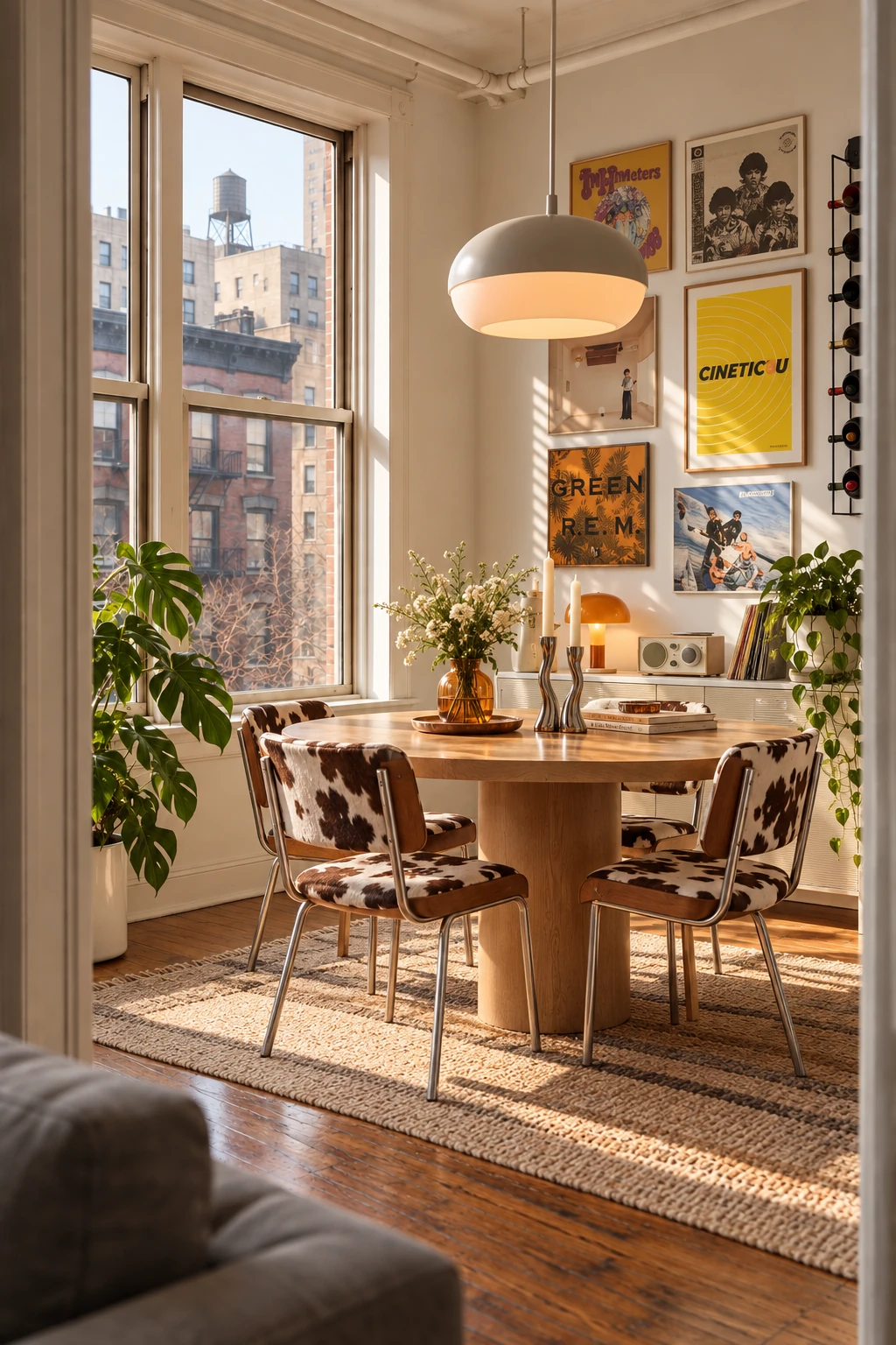 A sunlit dining room with a round wooden table, patterned chairs, a white pendant lamp, plants, and colorful posters