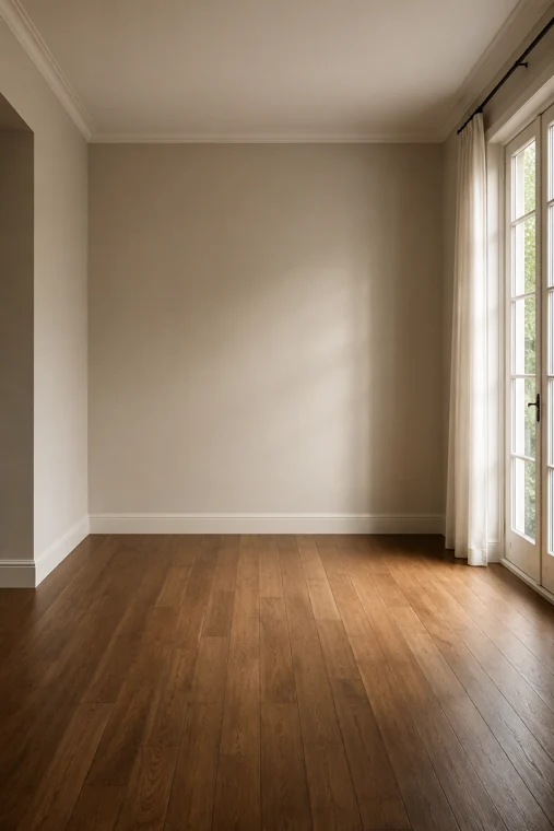 The original empty dining room with wood floors and tall windows