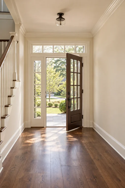 The original empty entrance with wood floors and an open garden door