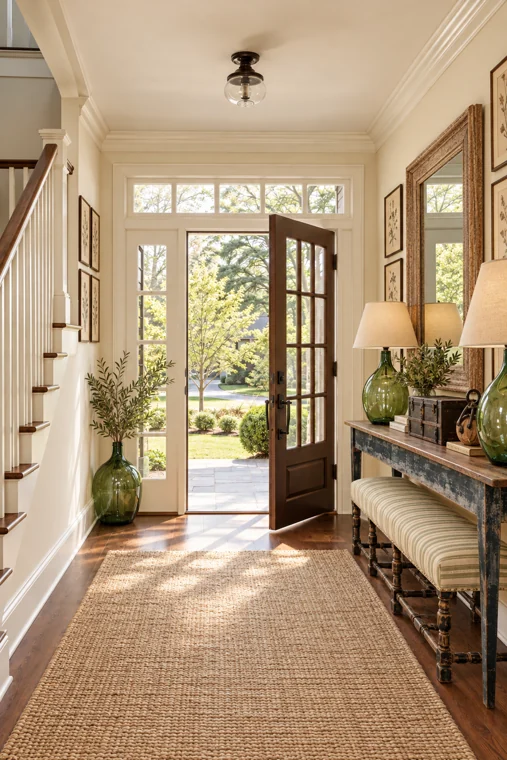A bright entrance with natural materials and an open garden door