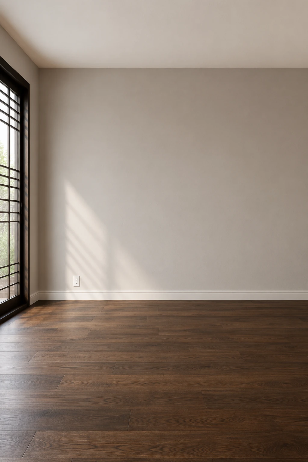 The original empty room with a black-framed window, pale walls, and dark wood flooring