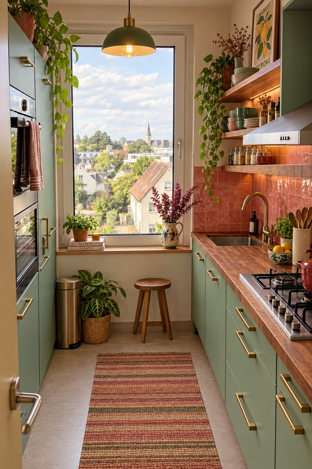 A kitchen with green cabinets, terracotta tiles, wooden countertops, and trailing plants