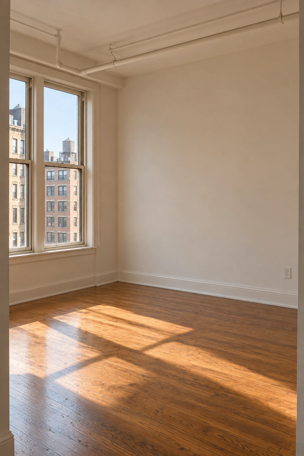 The original empty room with tall windows, pale walls, exposed ceiling pipes, and sunlit wood flooring