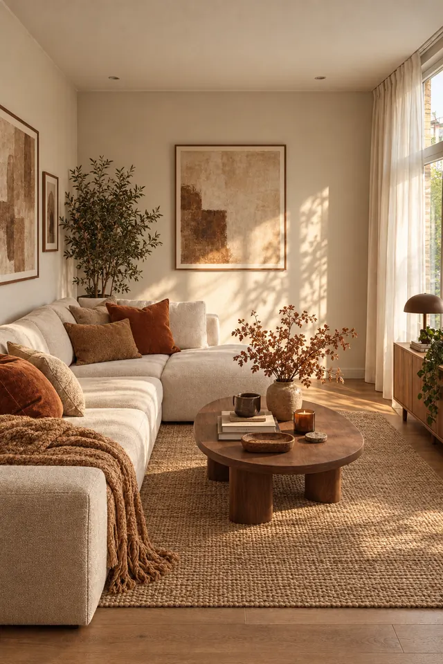 Cream living room with sculptural furniture and natural textures