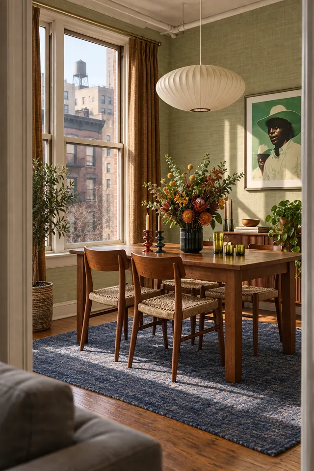 Sunlit dining room with green accents