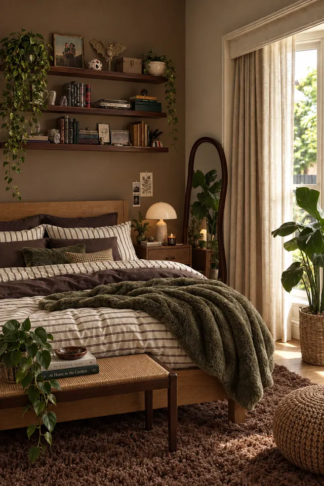 Bedroom with olive bedding and warm wood