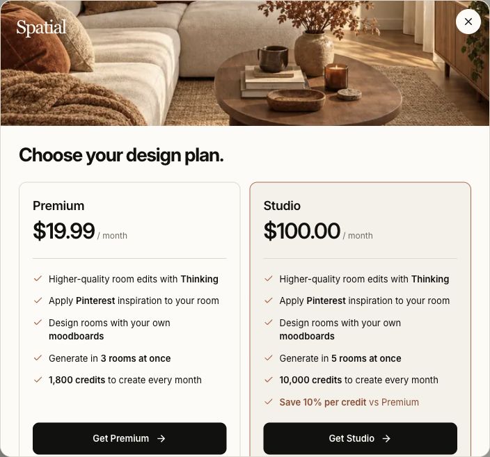 Spatial Premium: $19.99 USD per month, 1,800 credits and 3 simultaneous generations. Spatial Studio: $100 USD per month, 10,000 credits and 5 simultaneous generations. Both include Thinking edits, Pinterest inspiration and moodboards.